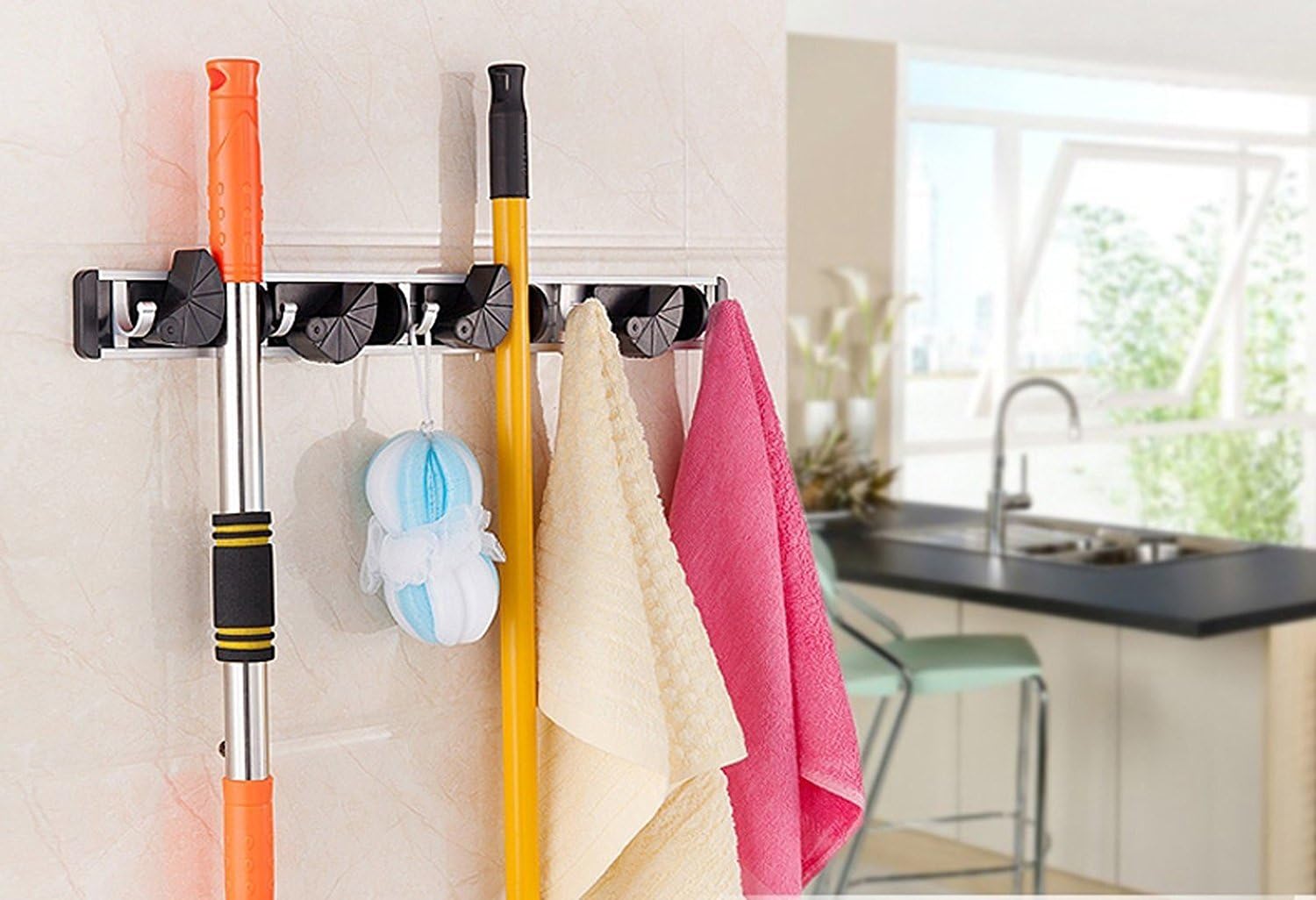 HUJI Wall Mount Broom Clamp Holder 4 Positions Grip Organizer & 5 Hook