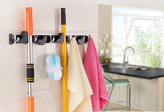 HUJI Wall Mount Broom Clamp Holder 4 Positions Grip Organizer & 5 Hook