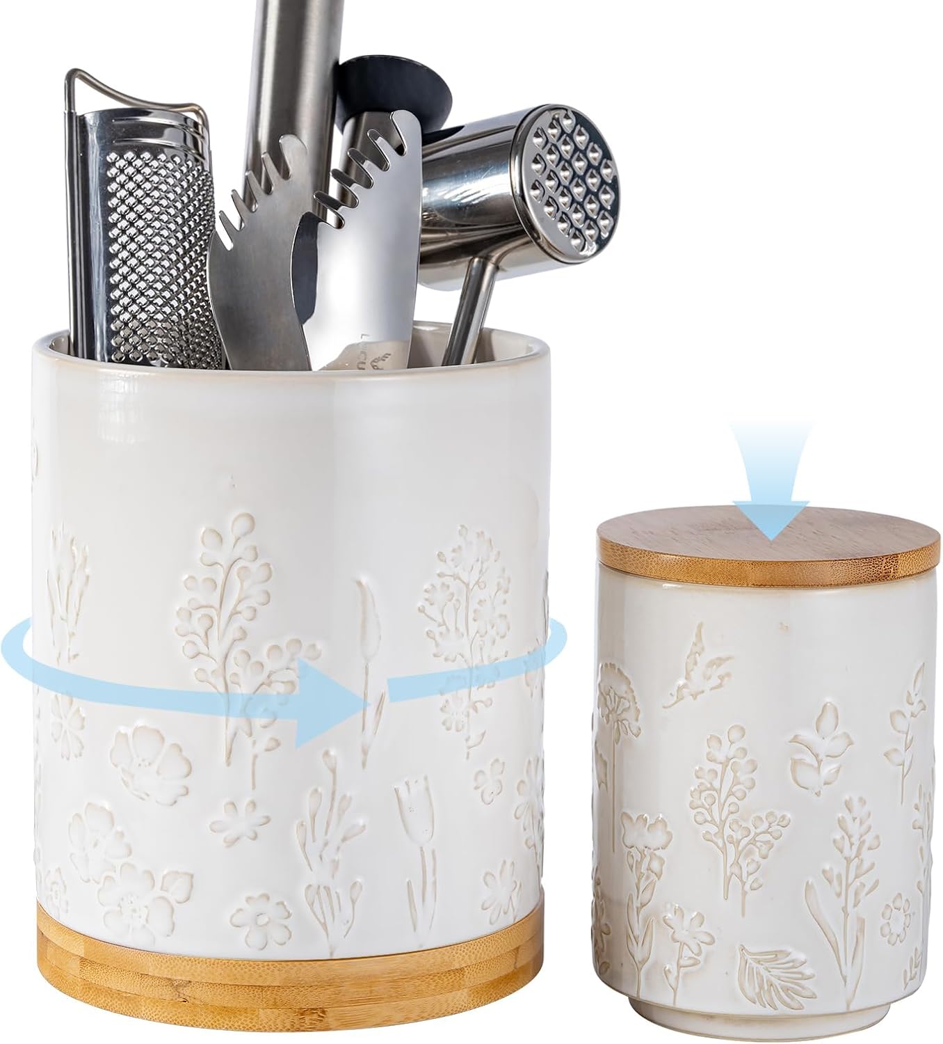 TEATALK Ceramic Utensil Holder Set, 360° Rotating Organizer for Counte