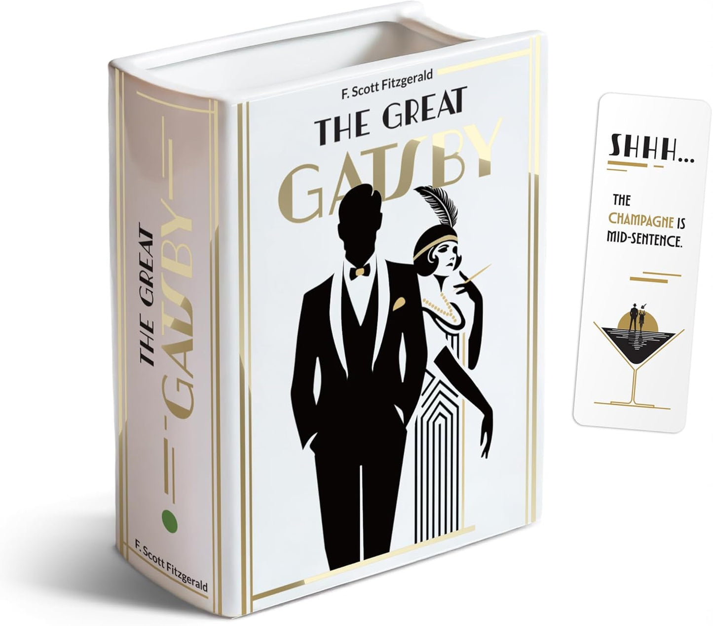 Hazel & Harold's H&H The Great Gatsby Book Vase for Flowers + Bookmark + Gold - Medium Ceramic Planter Pot - Bookish Great Gatsby Decor - Book Lover Gifts - Art Deco - Roaring 20s decor