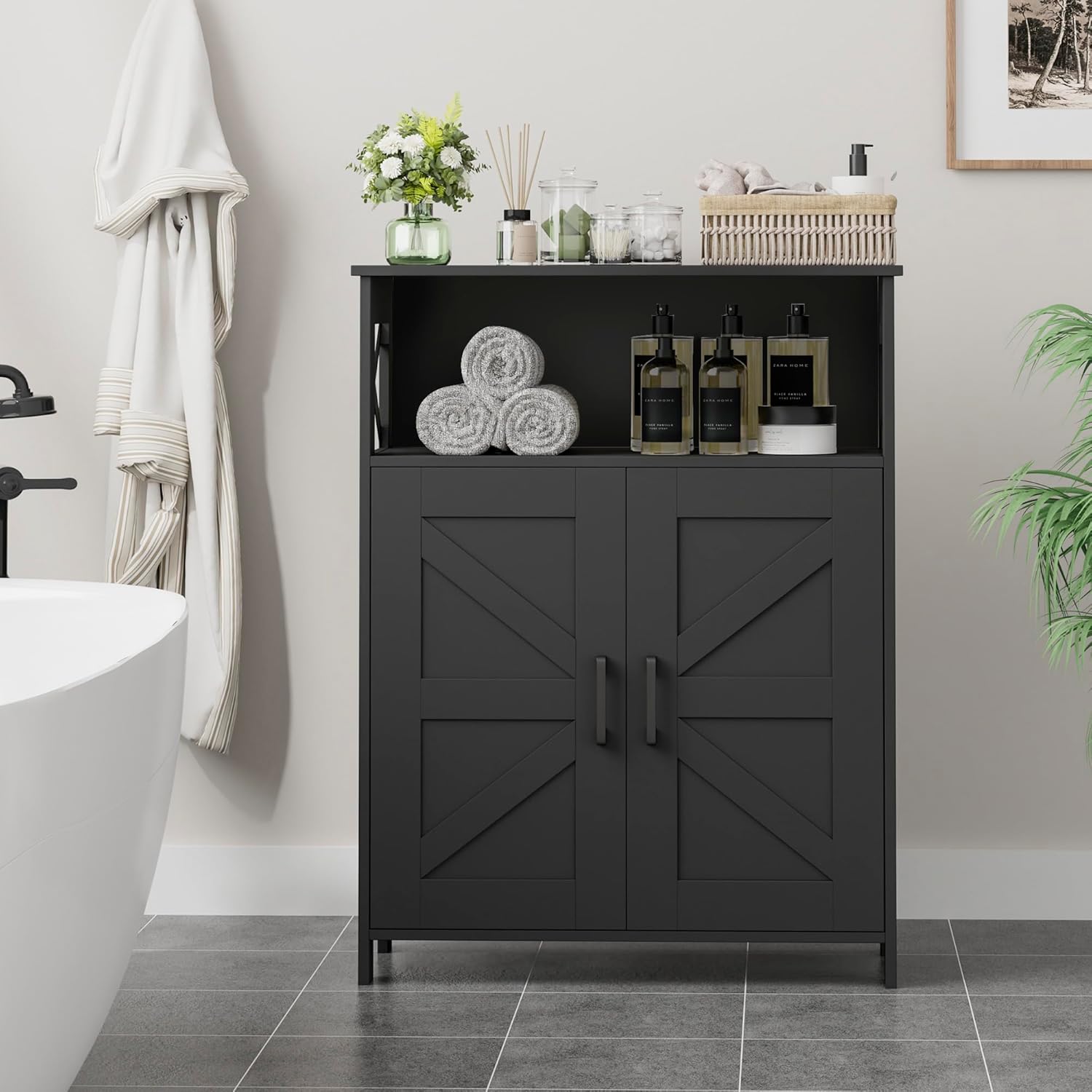 Homhedy Farmhouse Bathroom Storage Cabinet with 2 Doors, Toilet Paper 
