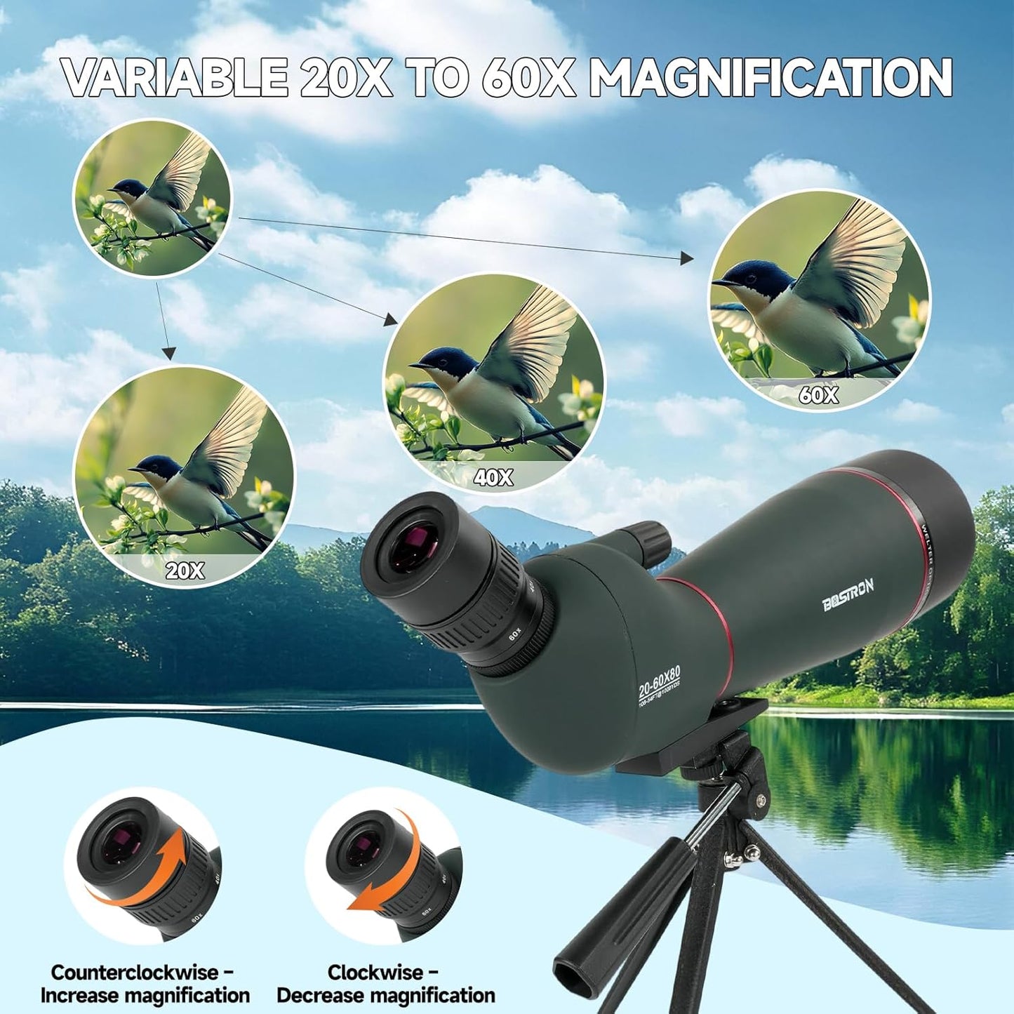 20-60x80 Spotting Scope - Spotting Scopes with Tripod Phone Holder, BAK4 FMC Waterproof Spotter Scope for Bird Watching, Target Shooting, Stargazing Dark Green