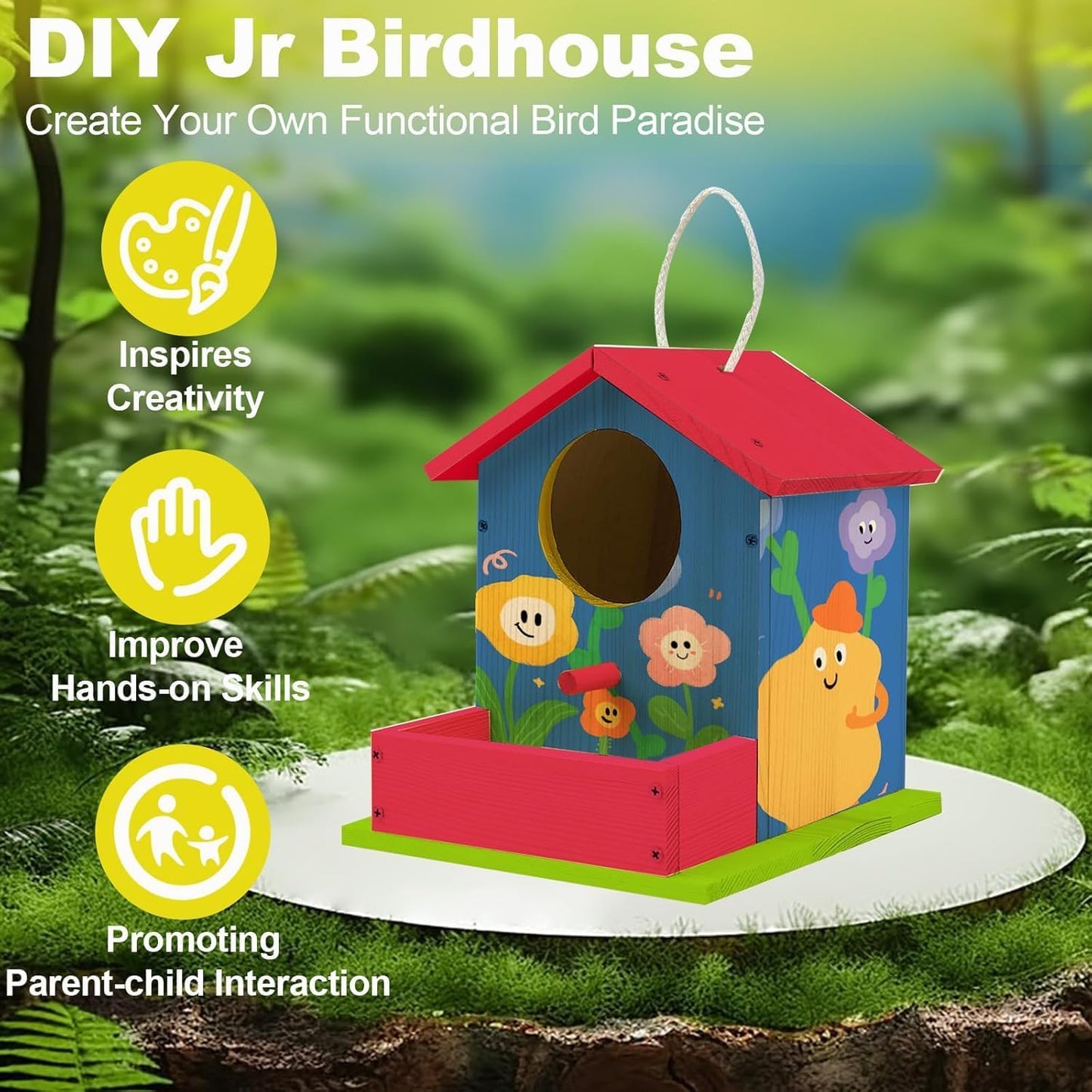 Bird House Kits for Adult, Wooden DIY Birdhouse Kit, Outdoor Woodworking Crafts Freestyle Painting, Arts and Crafts Projects with Paints & Brushes, Hanging Birdhouse for Garden Yard Decor Gifts (1Pcs)