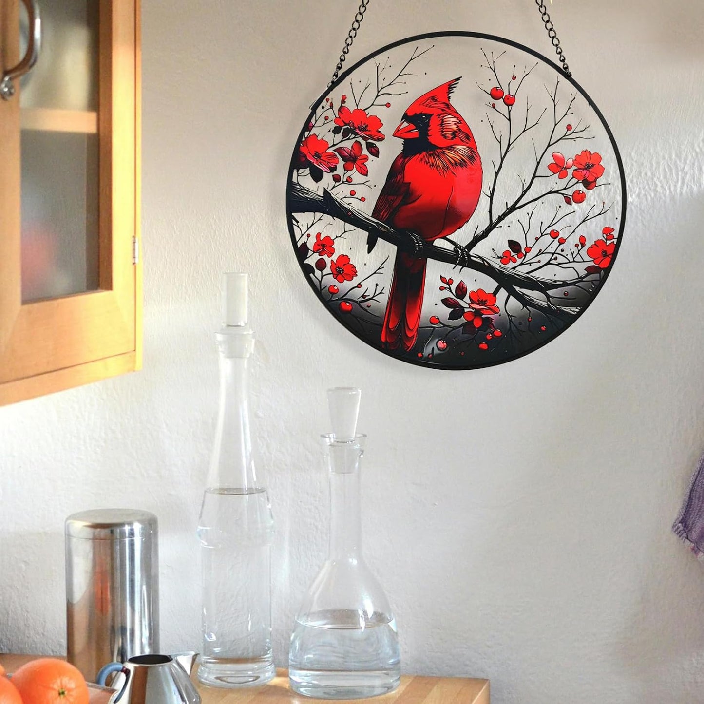 Red Cardinal Garden Suncatchers Outdoor, Cardinal on Branch Stained Gl
