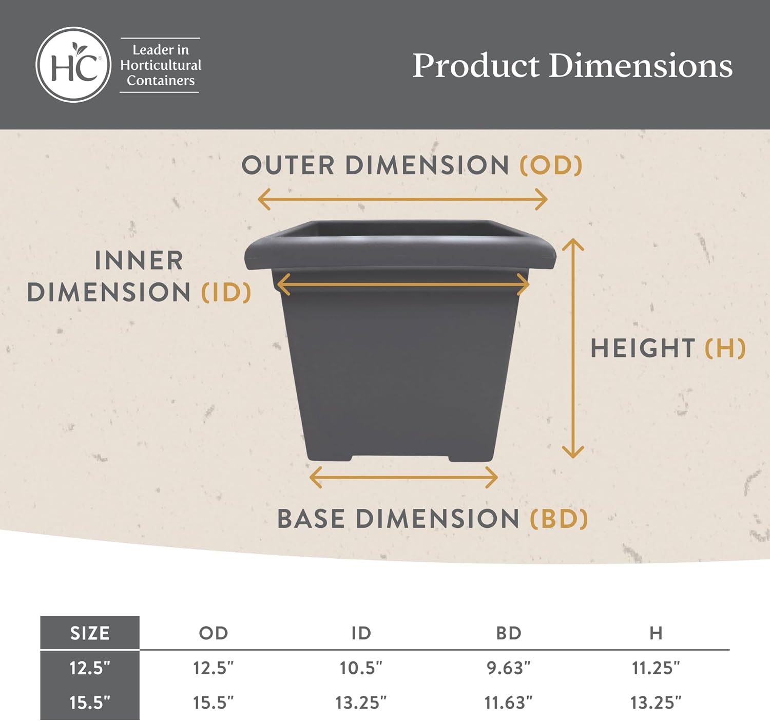 The HC Companies 12.5 Inch Accent Square Plant Pots with Drainage, Lig