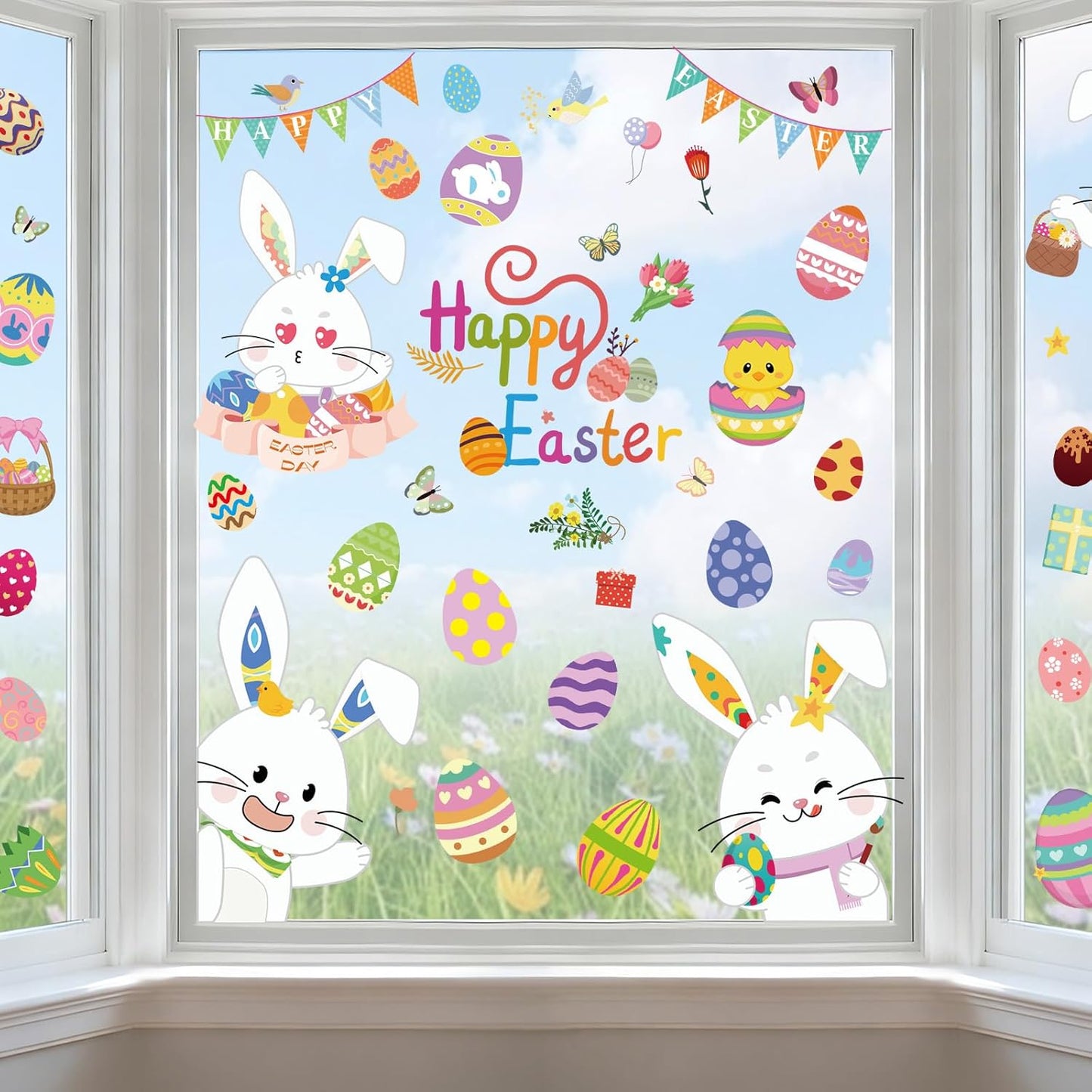9 Sheets Easter Window Clings, Happy Easter Decorations, Eggs Bunny Rabbit Window Stickers for Home Office School, Spring Decals Decor for Glass Windows Doors