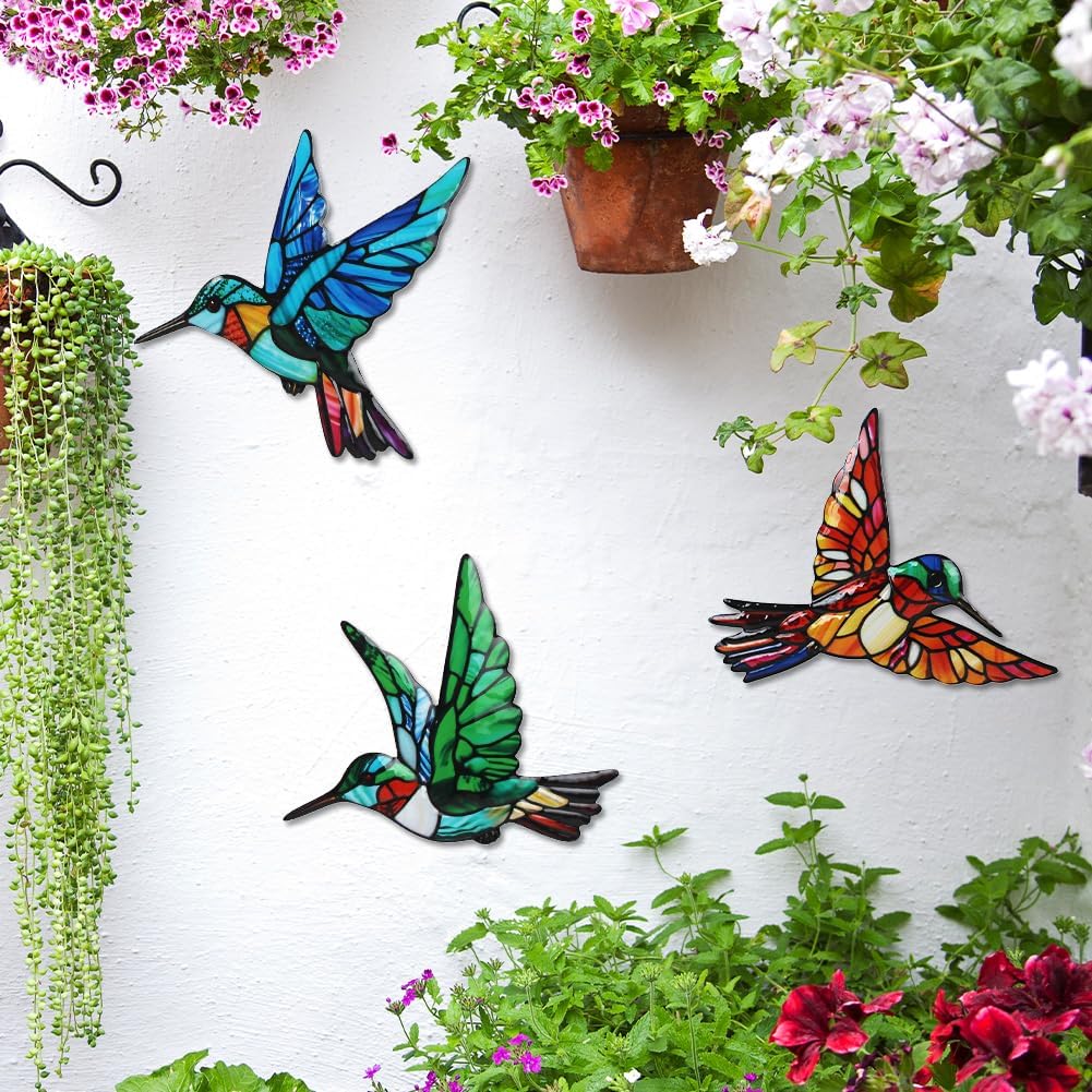VEWOSTAR 3 Pcs Metal Hummingbird Wall Art, Indoor Outdoor Hanging Sculpture, Holiday Theme Garden Decor,Metal Bird Wall Decor for Modern Farmhouse Rustic Home