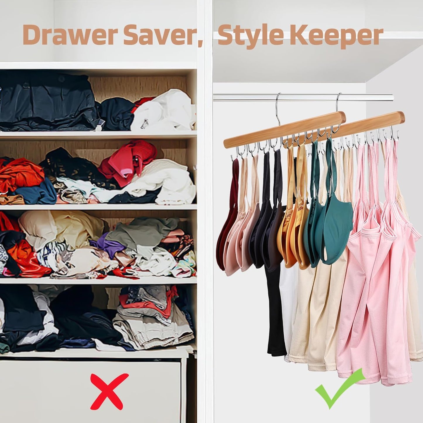 2 Pack Bra Hanger for Closet Organizer, Premium Wooden Tank Top Hangers with 36 Foldable Hooks, 360° Rotating Design, Space Saving Storage for Tank Tops, Bras, Scarves and More