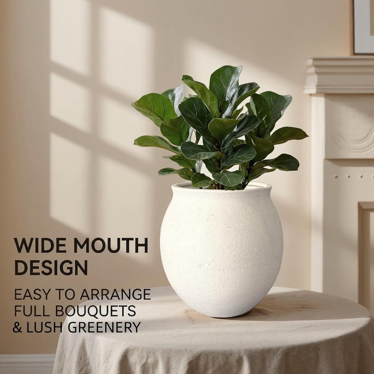 Round Wide Mouth White Ceramic Vase -9.7" Large Flower Pot with Drainage Hole for Indoor Plants, Gravel Textured Cream White Vase & Planter for Home Decor