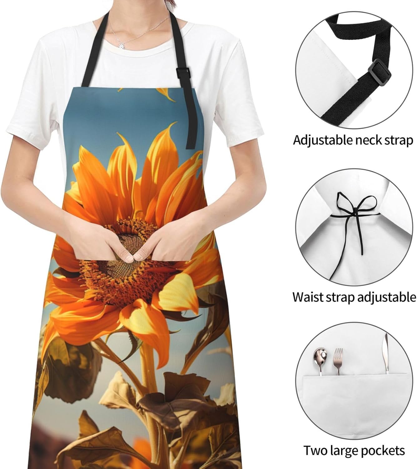 Beautiful sunflower print Waterproof chef's apron with pocket apron for kitchen cooking baking barbecue and gardening