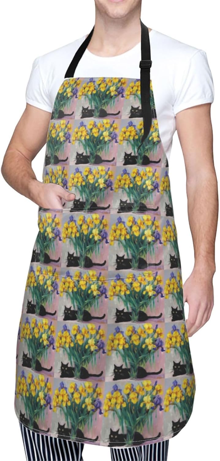 YANYU Cat Flower Embellishment Print 28x33 In Kitchen Apron Stylish Chef Apron with Pockets for Cooking Baking Painting