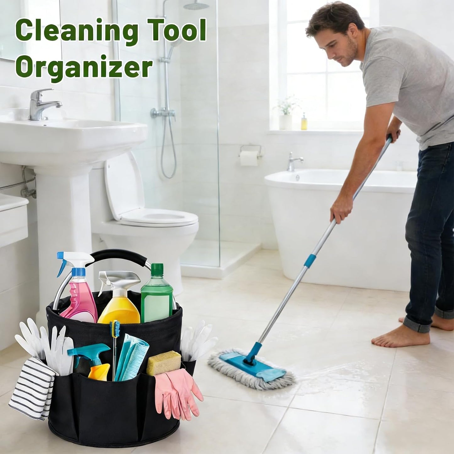 17L Foldable Cleaning Caddy with Handle - Portable Oxford Fabric Storage Bucket, Organiser for Cleaning Supplies, Toiletries, Home, Garden, Picnic & Beach (Black)