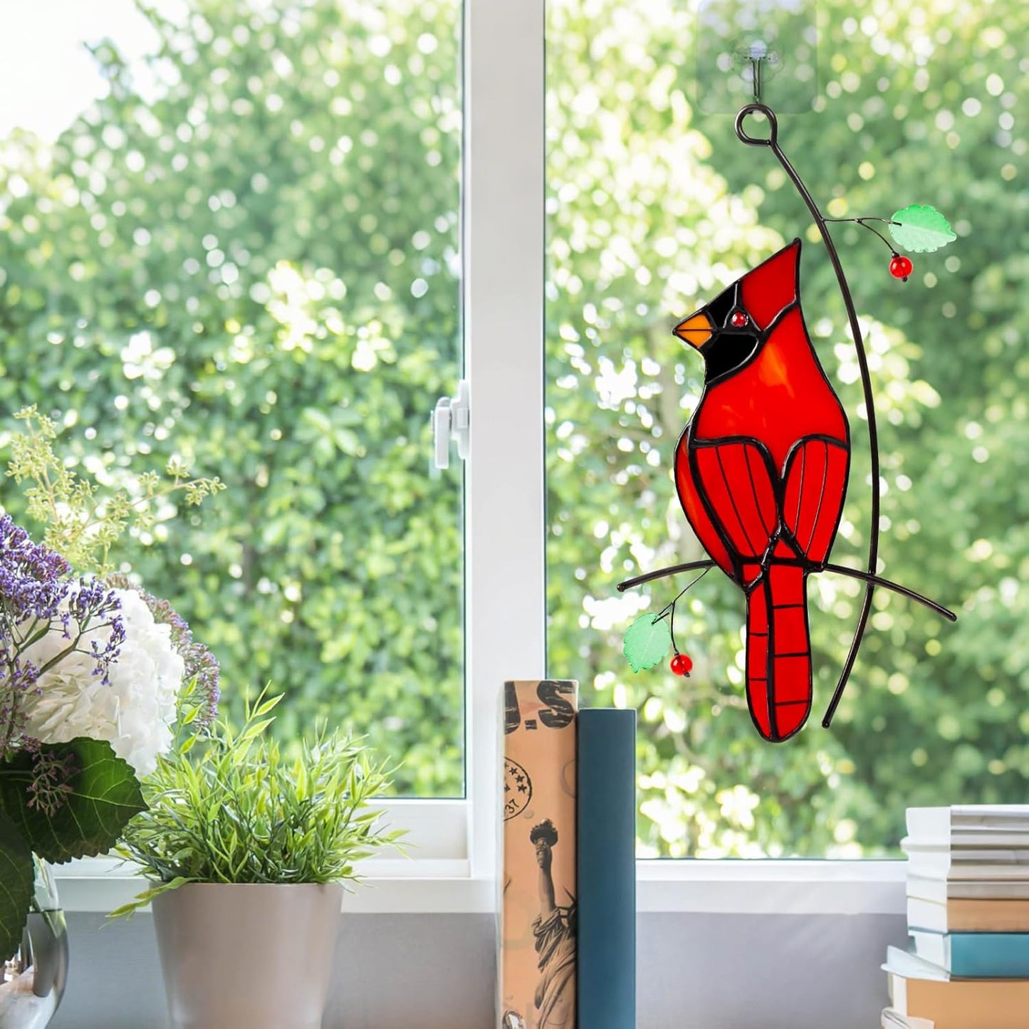 Stained Glass Red Cardinal Memorial Gifts for Women - Handcrafted Stained Glass Suncatcher Window Hanging, Red Cardinals on a Branch for Bird Lover, Bird Decor Gift for Mom