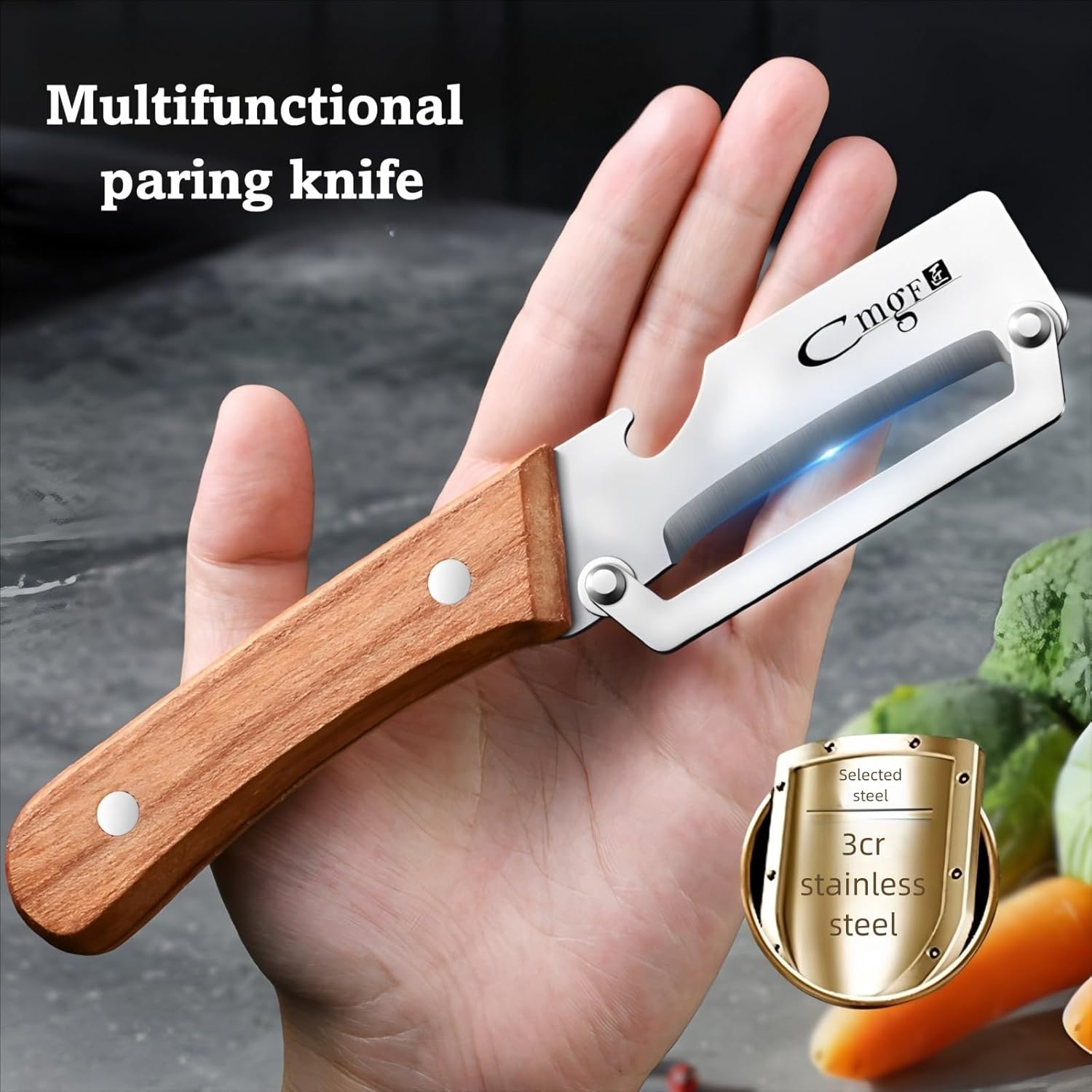 Premium Vegetable Peeler with Wooden Handle and Bottle Opener Stainles
