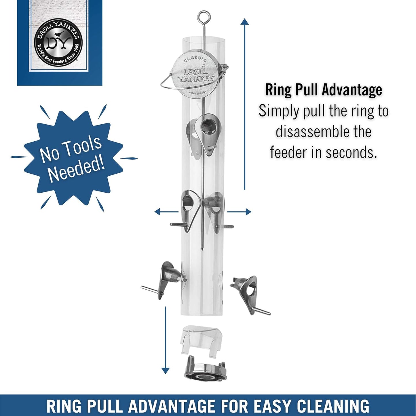 Droll Yankees Classic Sunflower or Mixed Seed Bird Feeder, Ring Pull Advantage, 6 Feeding Stations, 1 lb Bird Seed Capacity, 20-Inch