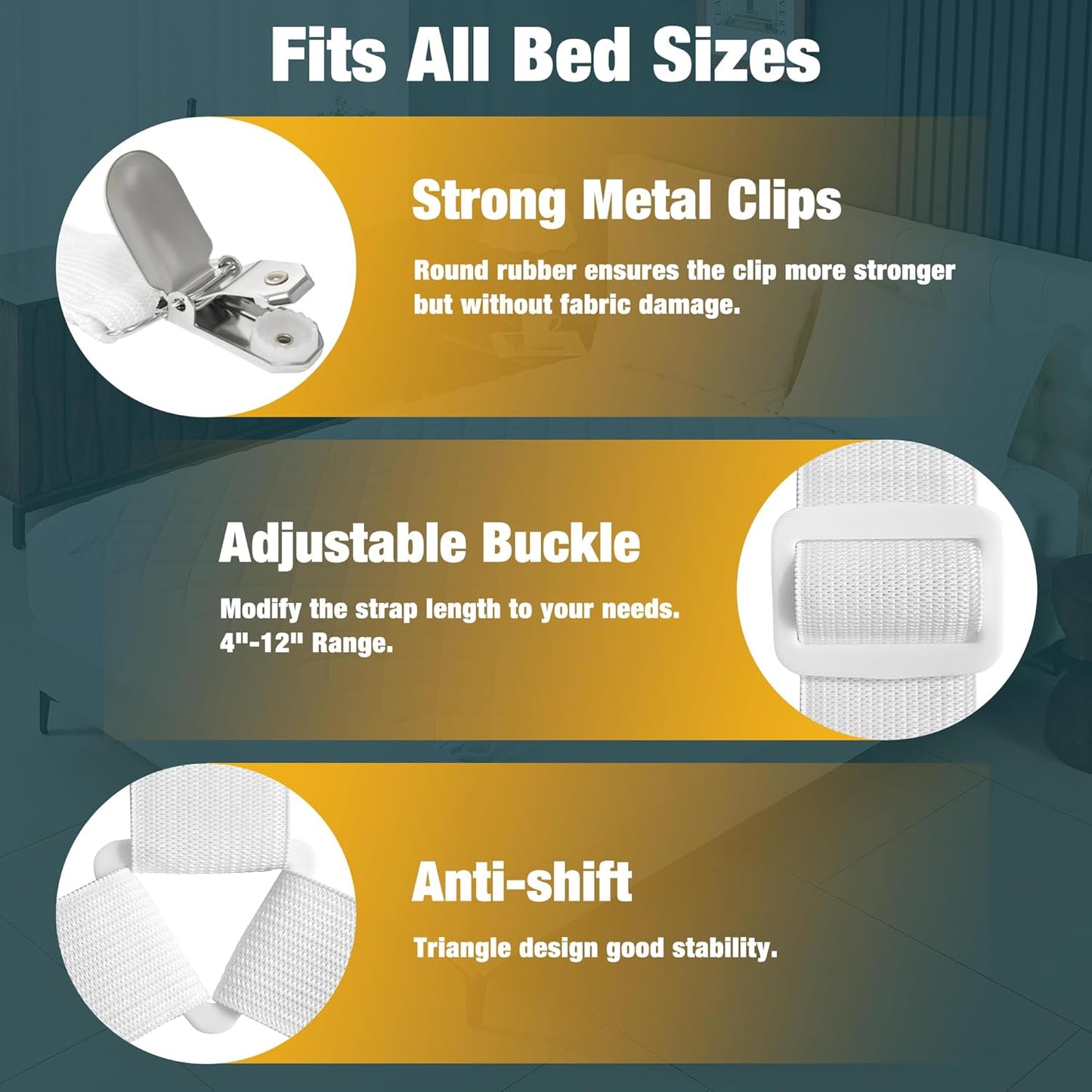4 Pack Adjustable Elastic Straps with Metal Clips, Bed Sheet Fasteners in Assorted Four Sizes, Bedding Suspenders for Mattress Covers, Bed Corner Holders and Keepers (White)