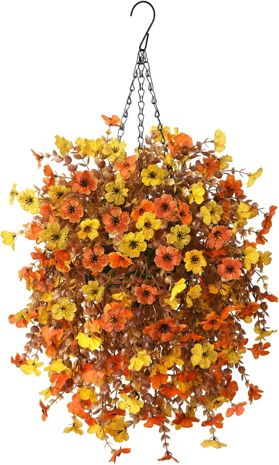 Homsunny Artificial Fsll Faux Hanging Flowers Plants Basket for Outdoor Decoration,Fake Silk Orange Mums planters UV Resistant Look Real for Home Porch Patio Yard Outside Autumn Decor (Yellow Orange)