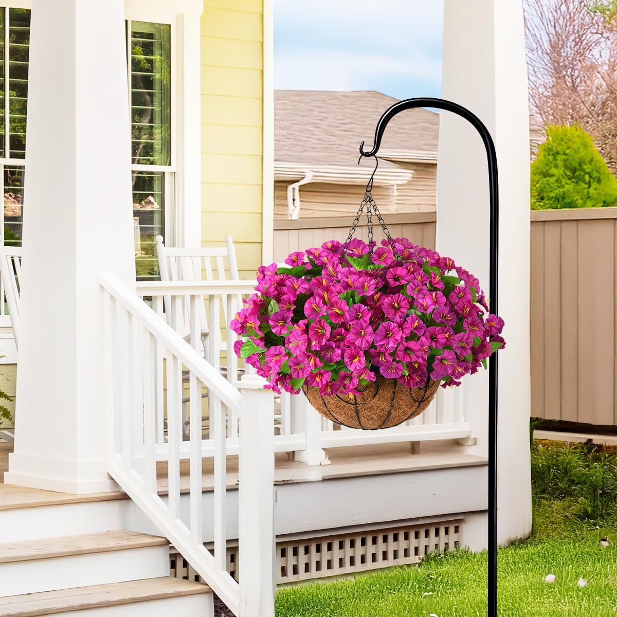 Homsunny Artificial Hanging Flowers Plants with Basket for Outdoors - Fake Petunias Flowers Fake Silk Morning Glory Planter for Outside Porch Patio Balcony Garden Spring Summer Decor(Purple red)