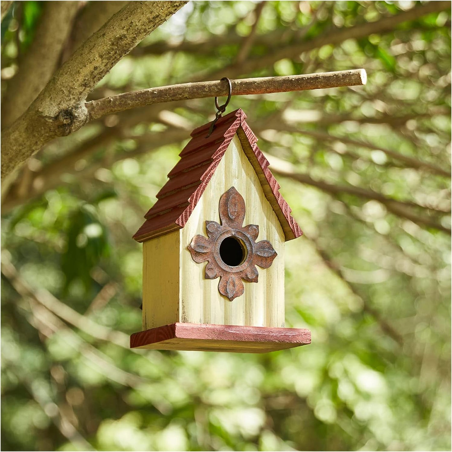 Glitzhome Hanging Bird House for Outdoors, 9" H Hand Painted Wooden Cottage Blue Bird House Garden Birdhouse for Outside for Hummingbird Wren Finch Cardinals Cedar