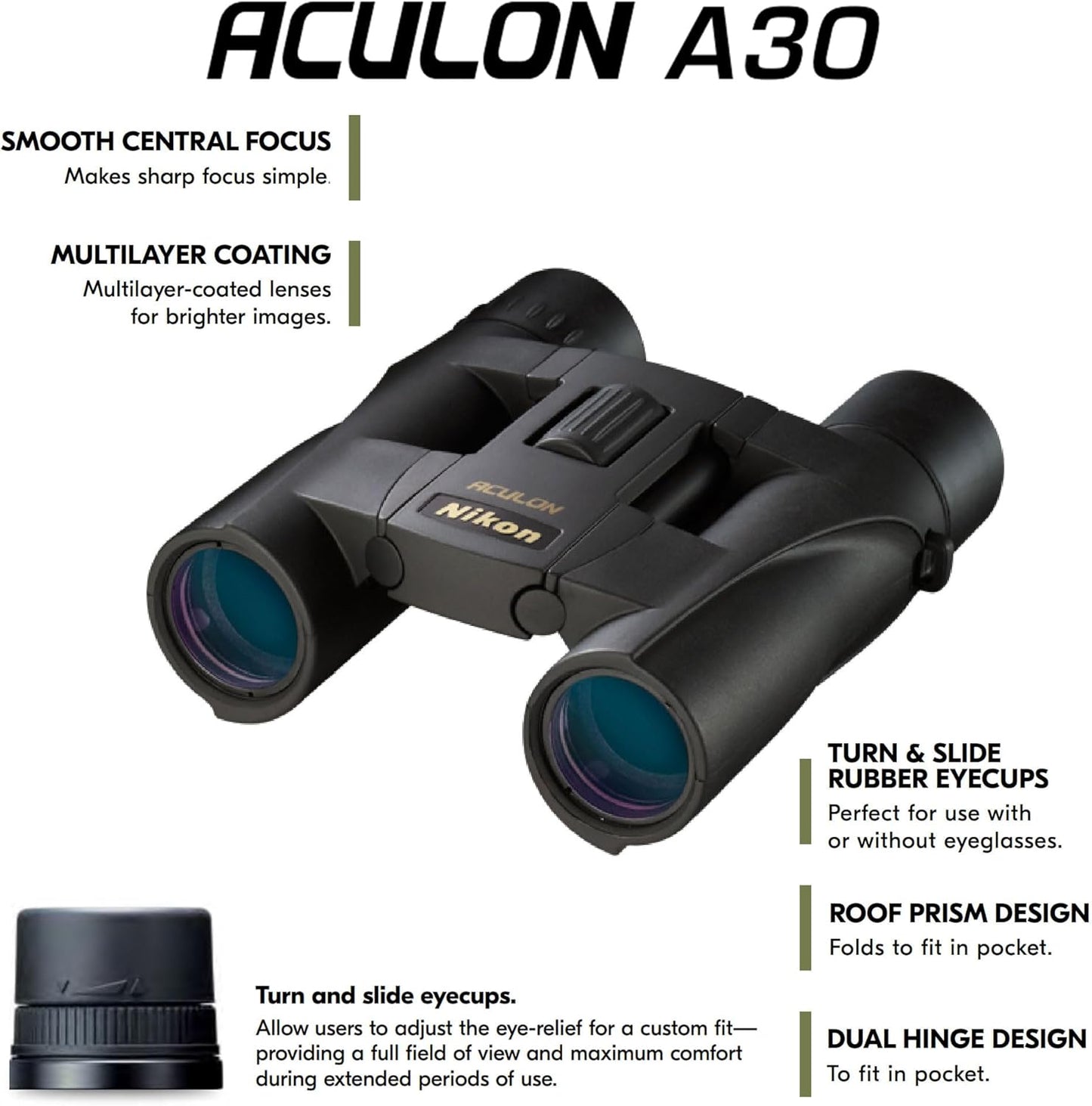 Nikon ACULON A30 10x25 Compact Binoculars - Lightweight Dual-Hinge Design, Multilayer-Coated Lenses, Smooth Central Focus, Ergonomic Grip for Hunting, Hiking, and Outdoor Adventures