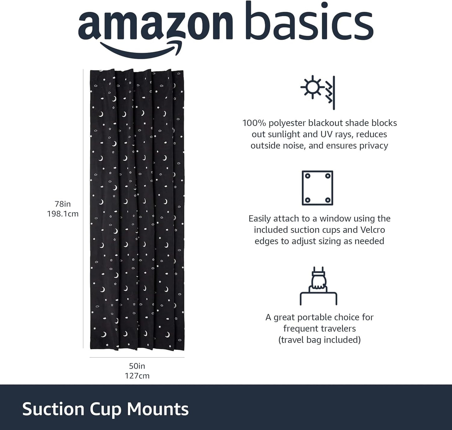 Amazon Basics Portable Blackout Curtain Shade with Suction Cups, 50" W