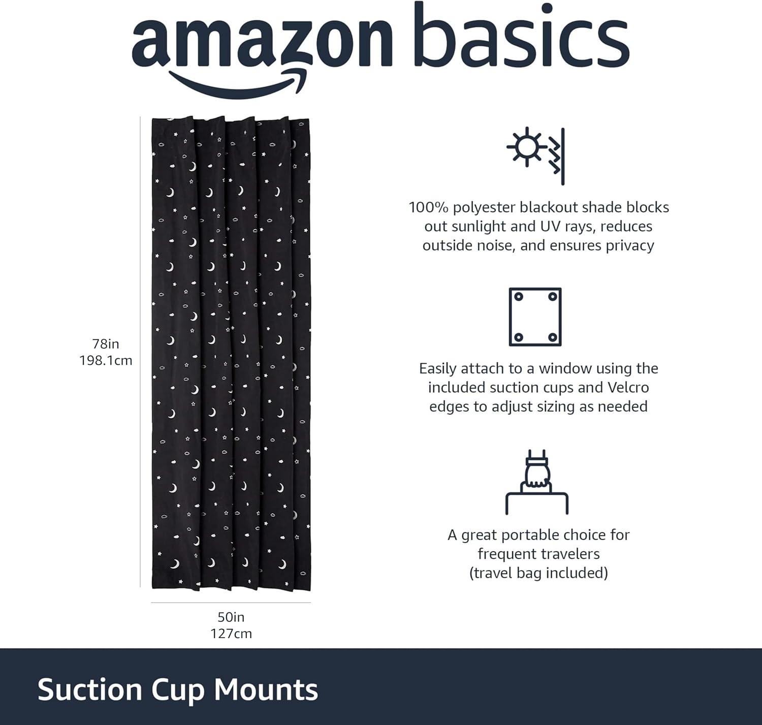 Amazon Basics Portable Blackout Curtain Shade with Suction Cups, 50" W