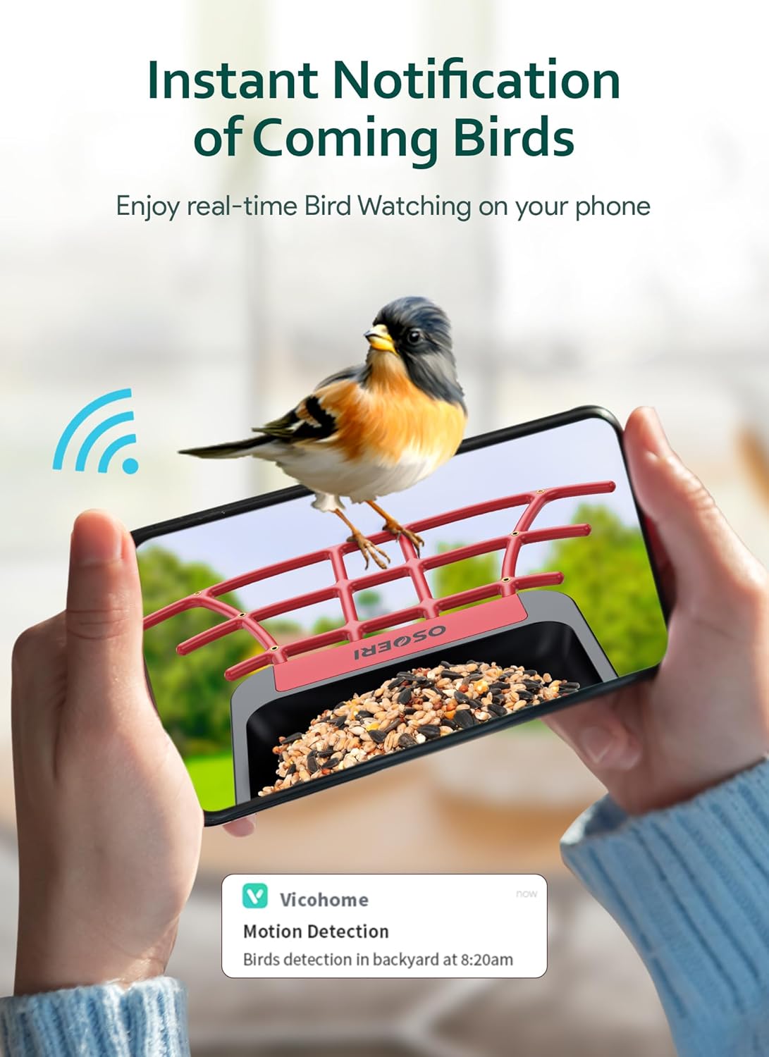 Osoeri Bird Feeder with Camera, Smart AI Identify Wild Bird Feeders Camera, 1080P Auto Capture Bird's Video & Motion Detection, with DIY Add-ons & Hummingbird Feeder, Gifts for Bird Lover (Red Black)