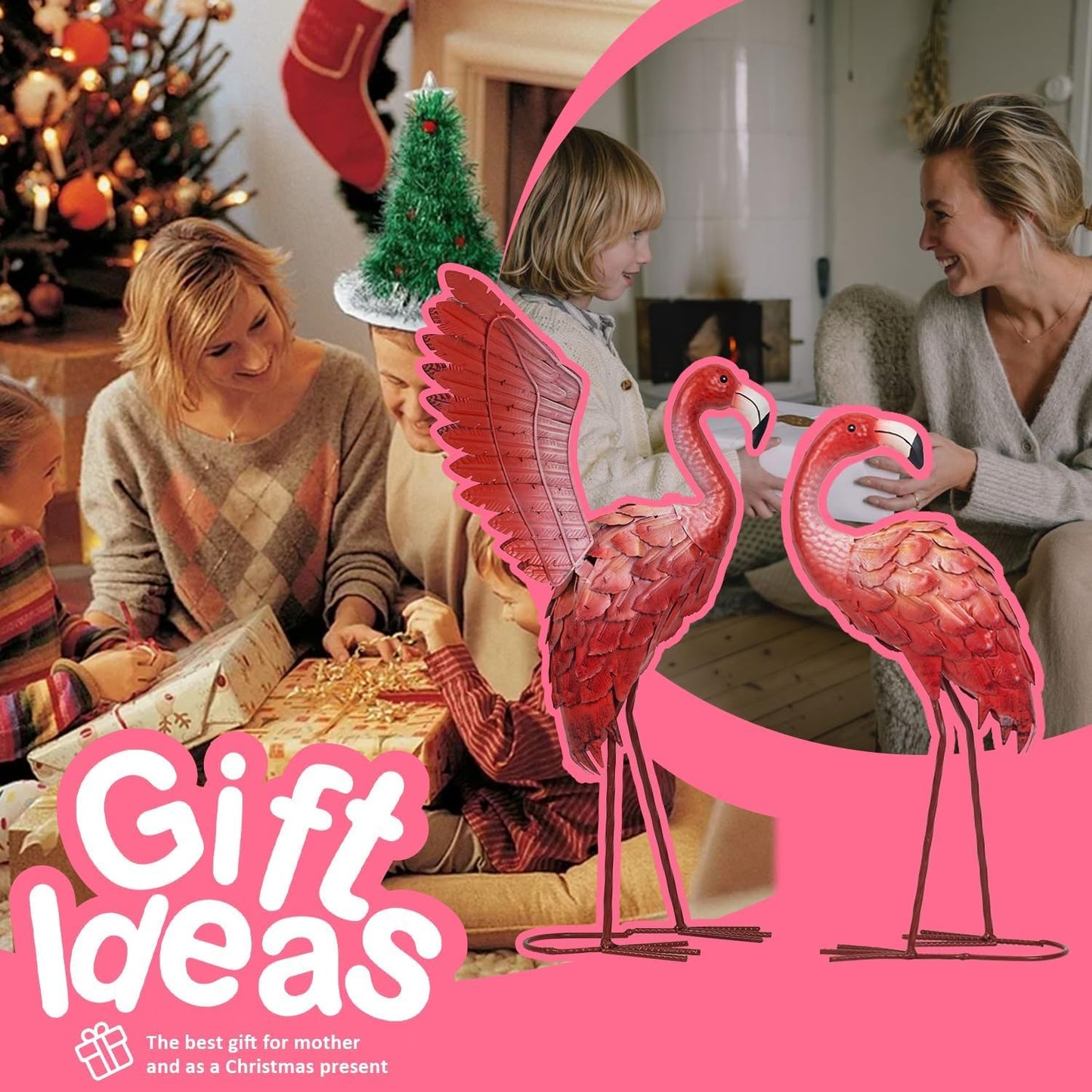 Natelf Flamingos Garden Statues Small Outdoor Decor, Set of 2 Metal Yard Art with Spread & Folded Wings, Weather-Resistant Pink Flamingo Lawn Sculpture for Patio, Backyard - Gift for Women, Mom