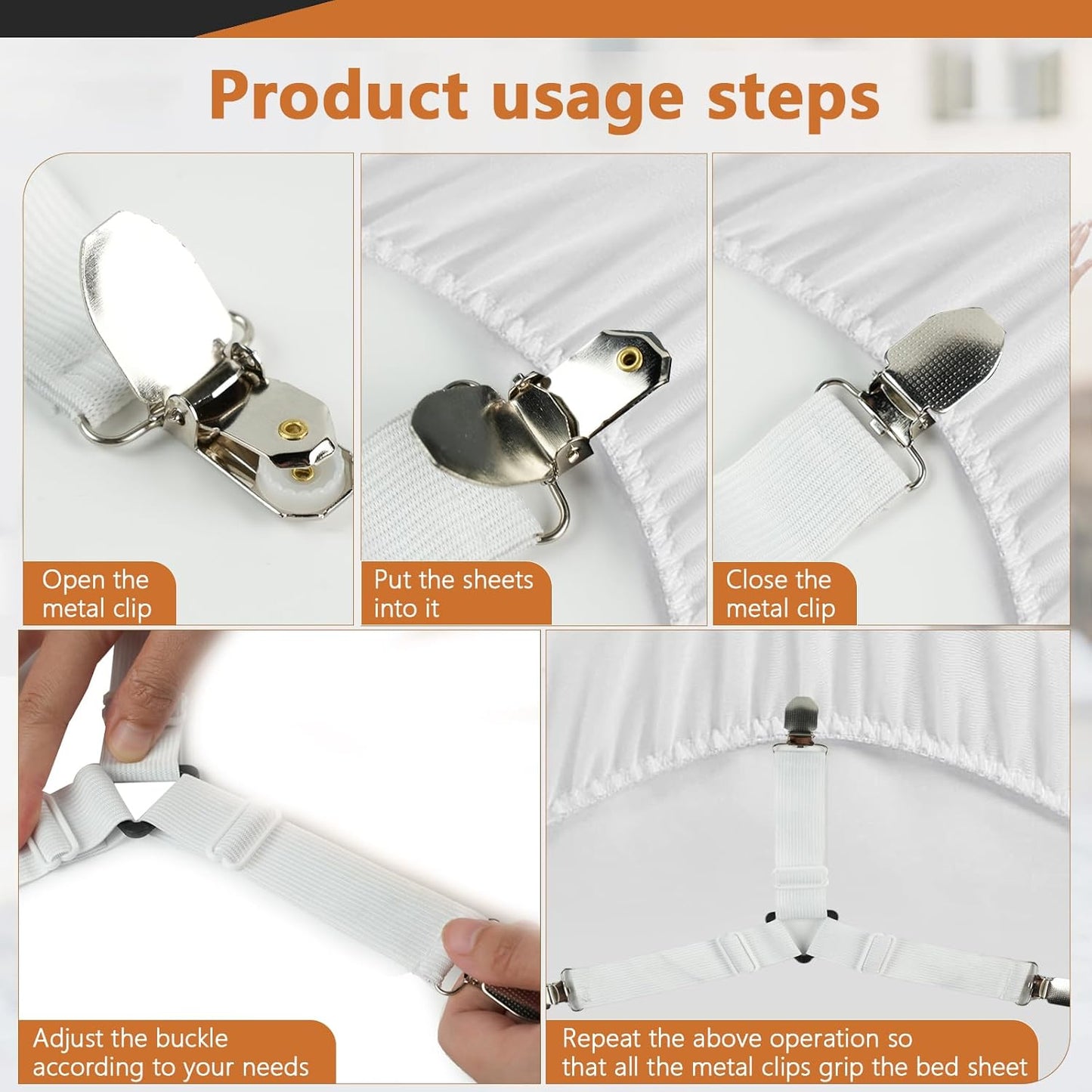 4PCS Bed Sheet Straps with Metal Clips, Adjustable Elastic Fitted Sheet Holders for Corners, Keep Bedding Wrinkle-Free, Easy to Install Durable Fasteners, Mattresses (White)