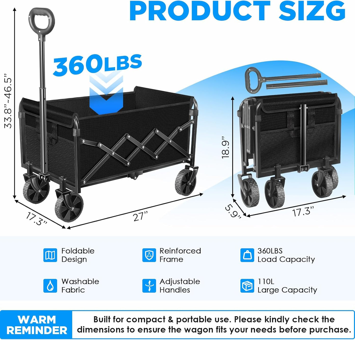 Wagons Carts Foldable, Collapsible Wagon with Wheels, 360LBS Folding G