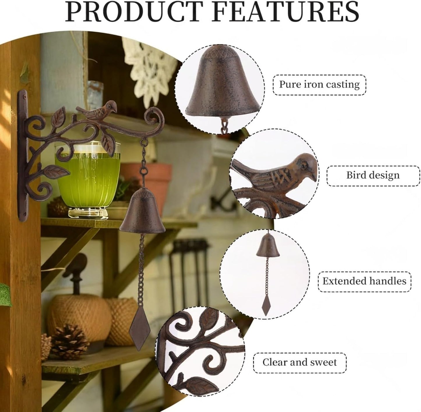 Cast Iron Outdoor Dinner Bell for Door, Wall Mounted for Home Patio Garden & Entryway, Black & Rust Bird Design