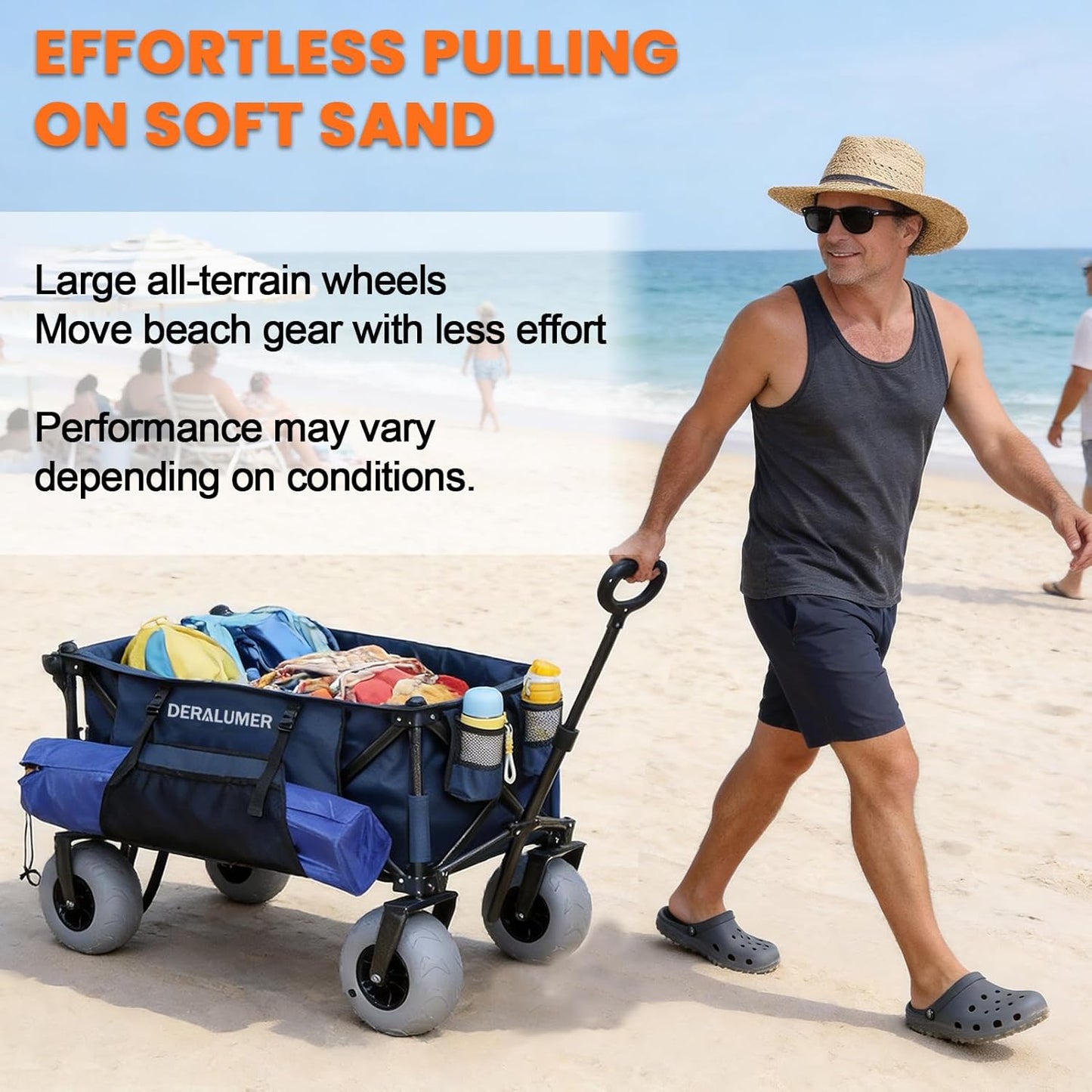 X900 Beach Wagon with 9×4" Big Balloon Wheels for Sand, 48" Heavy Duty Folding Wagon with Expandable Tailgate & Side Bag, Collapsible Utility Cart for Beach, Camping, Fishing (Navy Blue)
