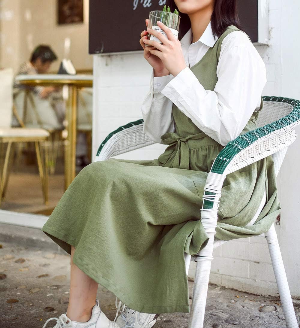 Women Plus Size Cotton Linen Vintage Pleated Split Apron Pinafore Dres