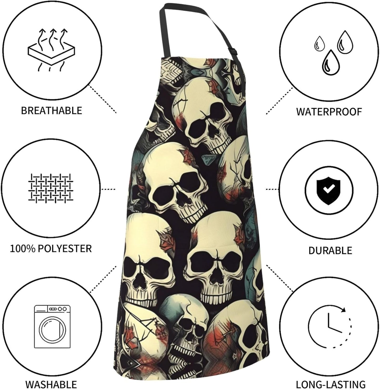 Skull Skeleton Print 28x33 In Adult Kitchen Apron with Pockets Versatile Chef Smock for Cooking Baking
