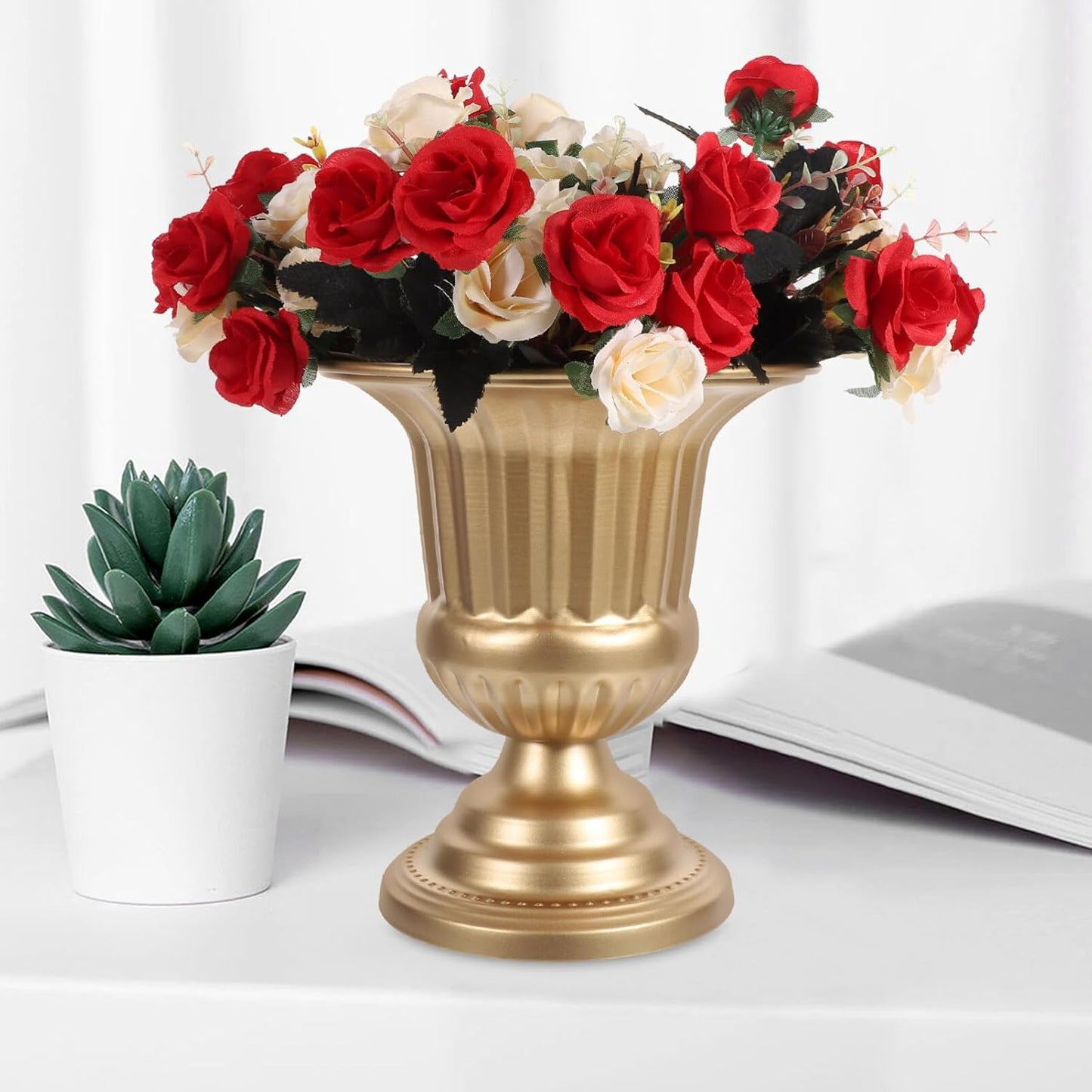 HOMSFOU Vintage Metal Flower Vase 9.05X8.26X8.26In Rustic Iron Urn Planter for Wedding Decor and Desktop Floral Arrangement with Stable Flat Base