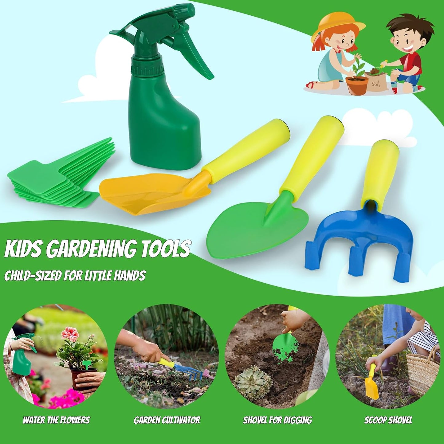Magic4U Kids Gardening Tools Set, 22 Pcs Metal Garden Tools Toys with 