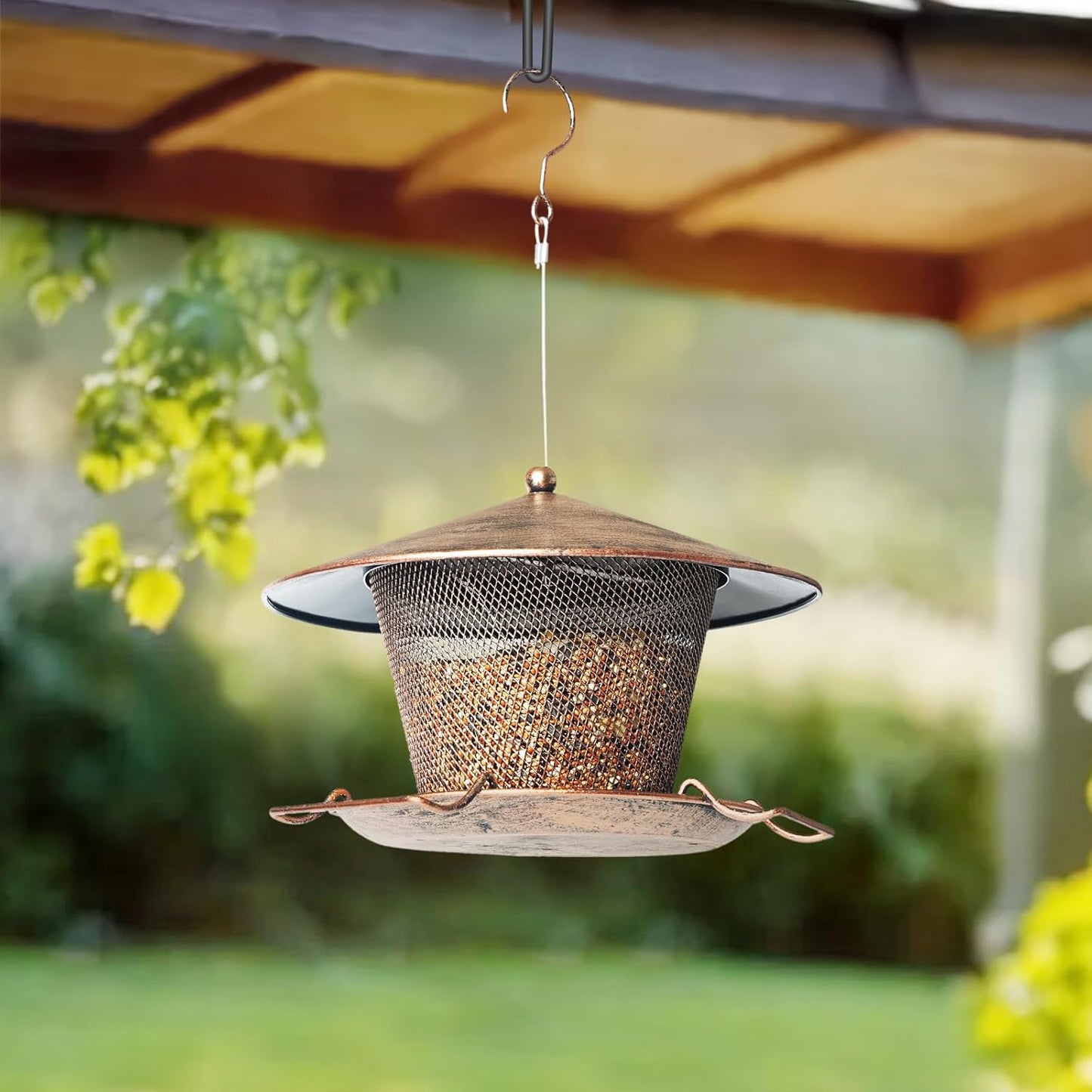 Bird Feeder for Outdoor, Rainproof Weatherproof Metal Hanging Wild Bird Feeder with 9.8" Roof 3 LBs Seeds Capacity, Easy to Clean & Refill
