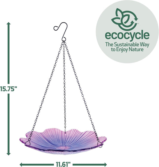 11" Recycled Glass Hanging Combination Bird Feeder and Bath for Wild Birds and Outdoor Décor, 0.625 Quart Capacity, Violet Begonia Floral Design, Hanging Chains Included