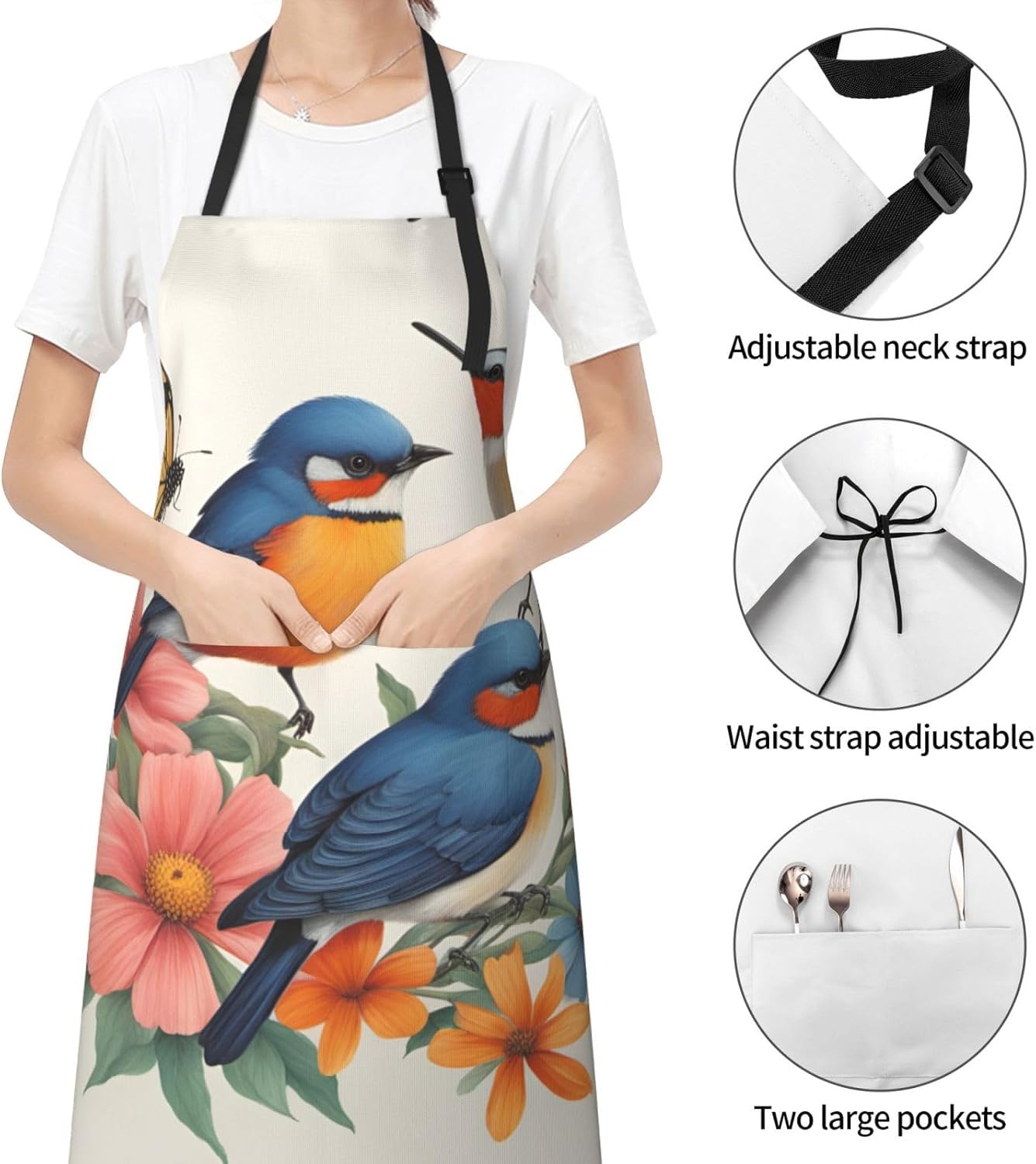 Birds Flowers Butterfly print Waterproof chef's apron with pocket apron for kitchen cooking baking barbecue and gardening