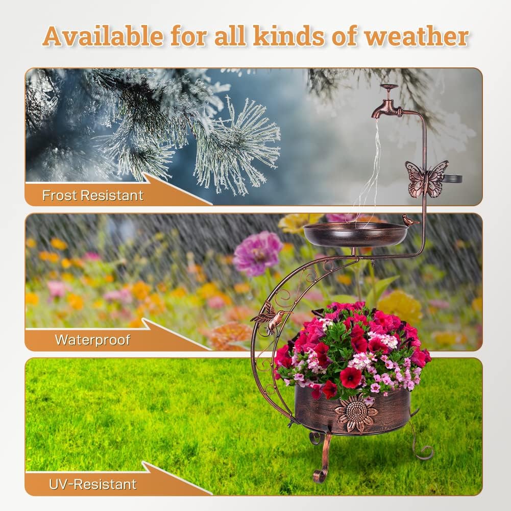DREAMYSOUL Solar Bird Baths for Outdoors, Metal Birdbath with Flower Planter Pedestal, Antique Copper Bird Bath with Solar String Light for Garden, Yard, Patio Decor 36" Height