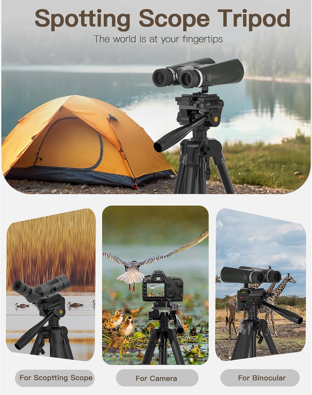 69” Tripod for Spotting Scopes, Binocular & Camera, Includes Binocular Adapter, 2 QR Plates, Phone Holder & Carry Bag, Ideal for Bird Watching, Hunting, Wildlife Viewing & Target Shooting