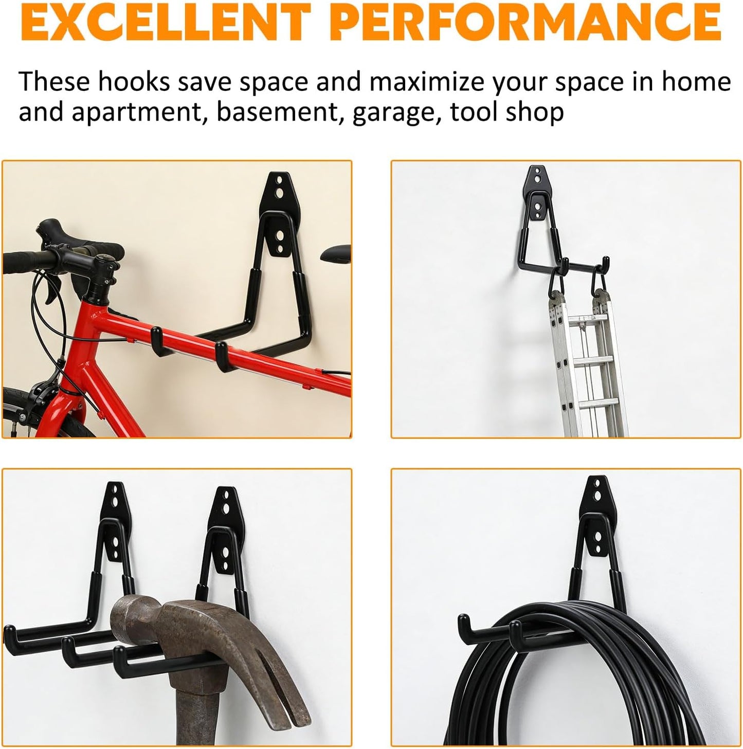 4 Pack Heavy Duty Garage Hooks, 5.1 inch U Shaped Long Hanger, Wall Mounted Storage System, for Power and Garden Tool Hanging, Ladders, Bikes, Hose, Bulk Items and More