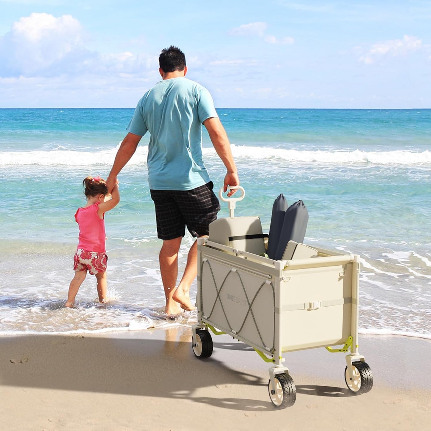 ONEFOREST Collapsible Wagon Cart with Canopy Tent, Portable Large Capacity Foldable Wagon Cart, Heavy Duty Garden Cart with Wheels for Camping Sports Beach Backyard and Picnics, Beige