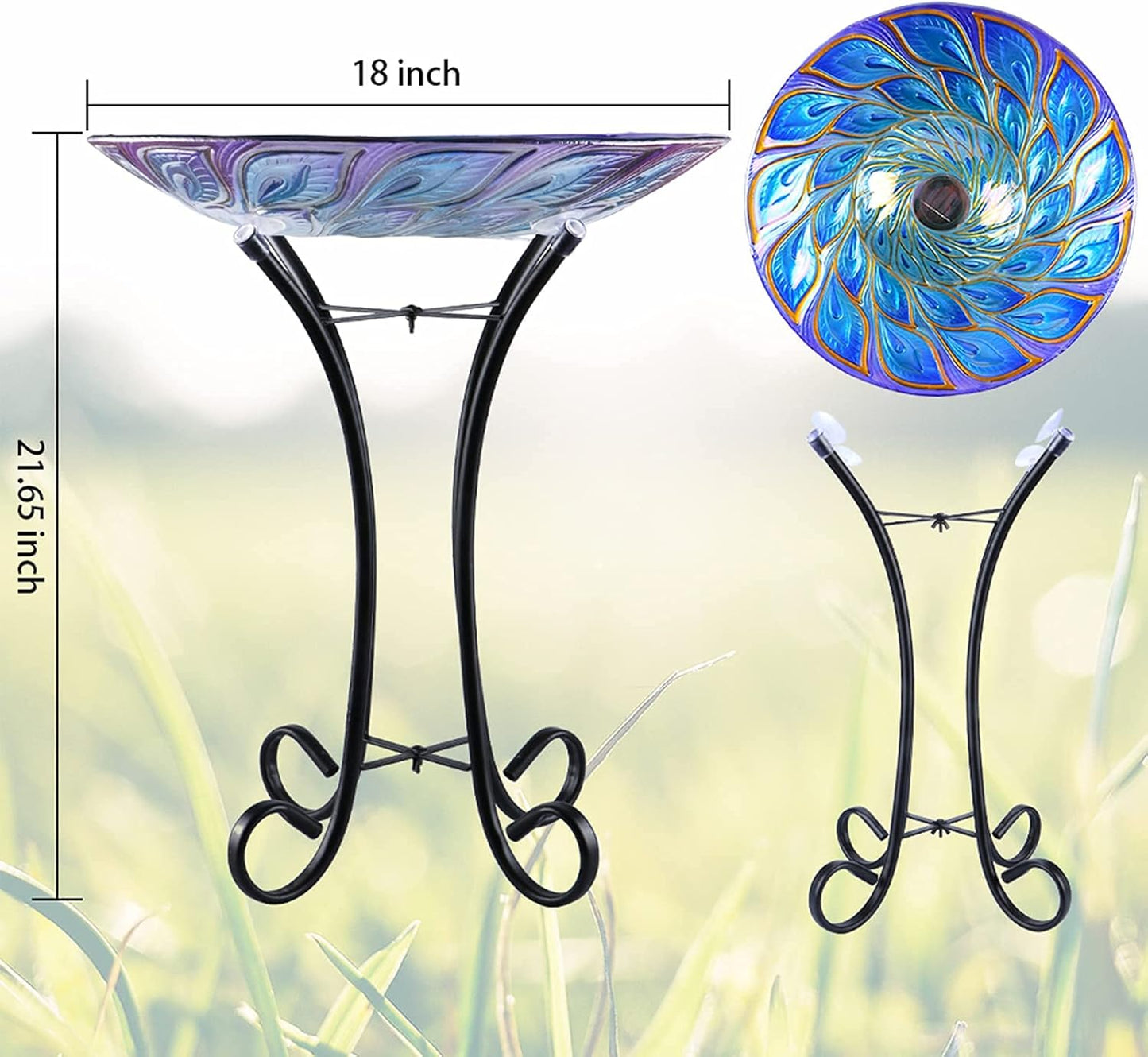 MUMTOP Outdoor Glass Bird Bath Solar Birdbaths with Metal Stand for Lawn Yard Garden Peacock Decor,18” Dia 21.65” Height