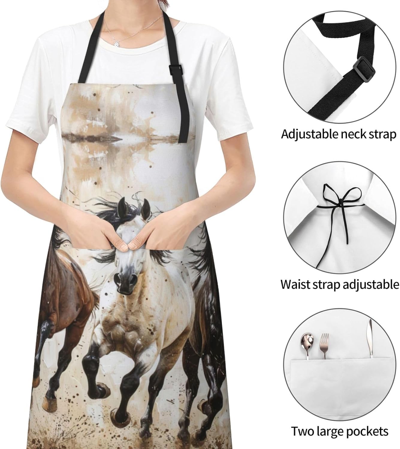 Horses Running Art print Waterproof chef's apron with pocket apron for kitchen cooking baking barbecue and gardening