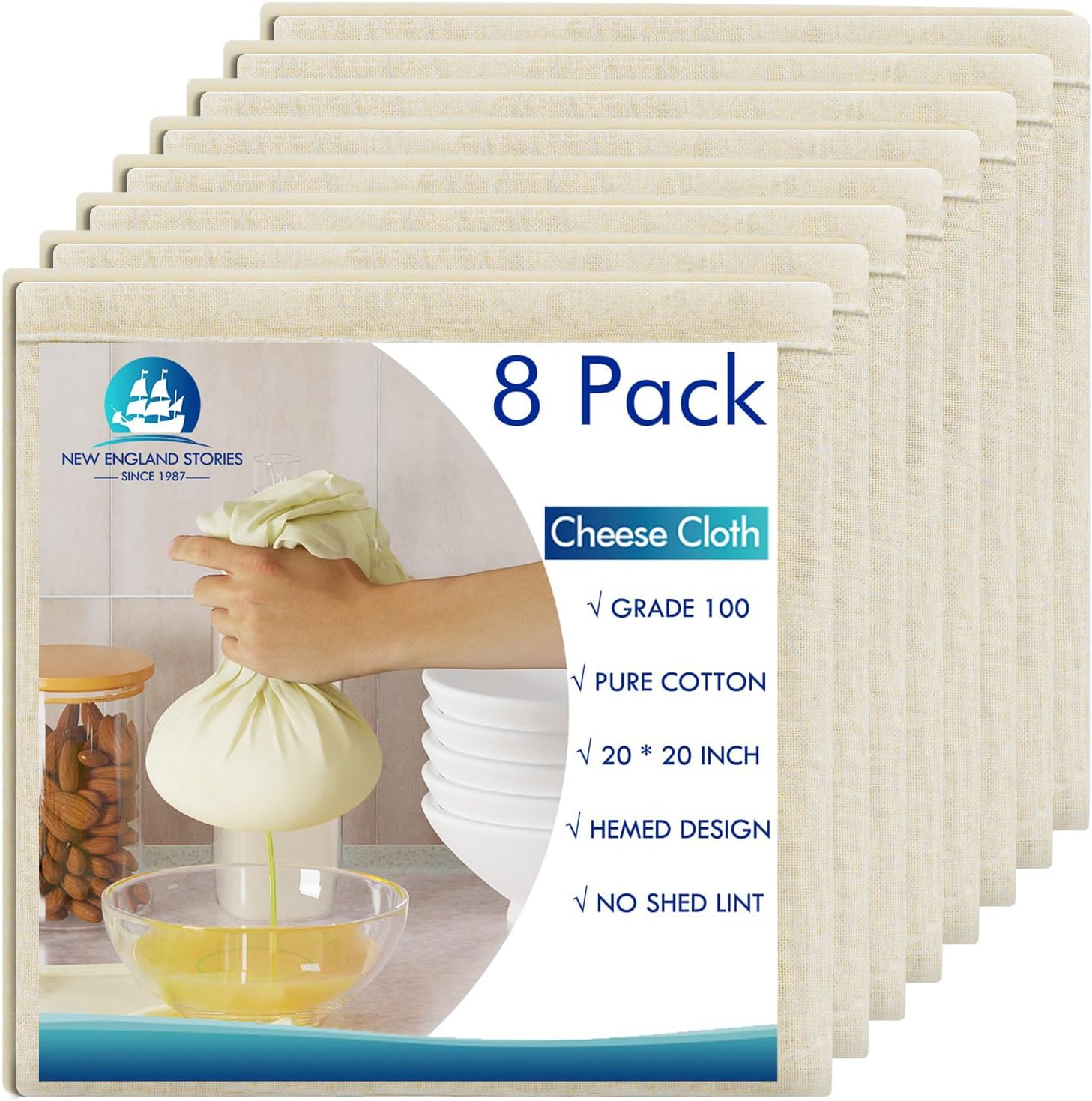 8 PCS Reusable Cheesecloth, Grade 100, 20x20 Inch Hemmed Cheese Cloth 