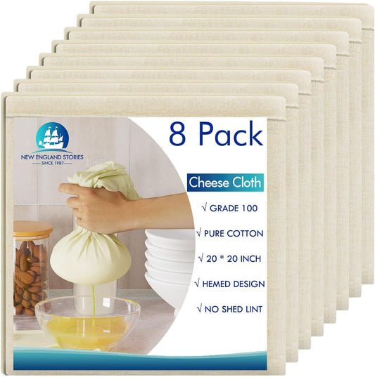 8 PCS Reusable Cheesecloth, Grade 100, 20x20 Inch Hemmed Cheese Cloth 