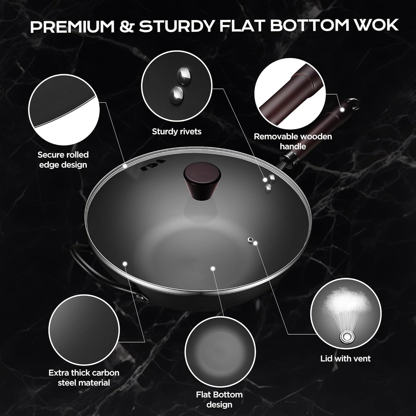 Wok, 13 Inch carbon steel woks & stir-fry pans nonstick, Pre-Seasoned 