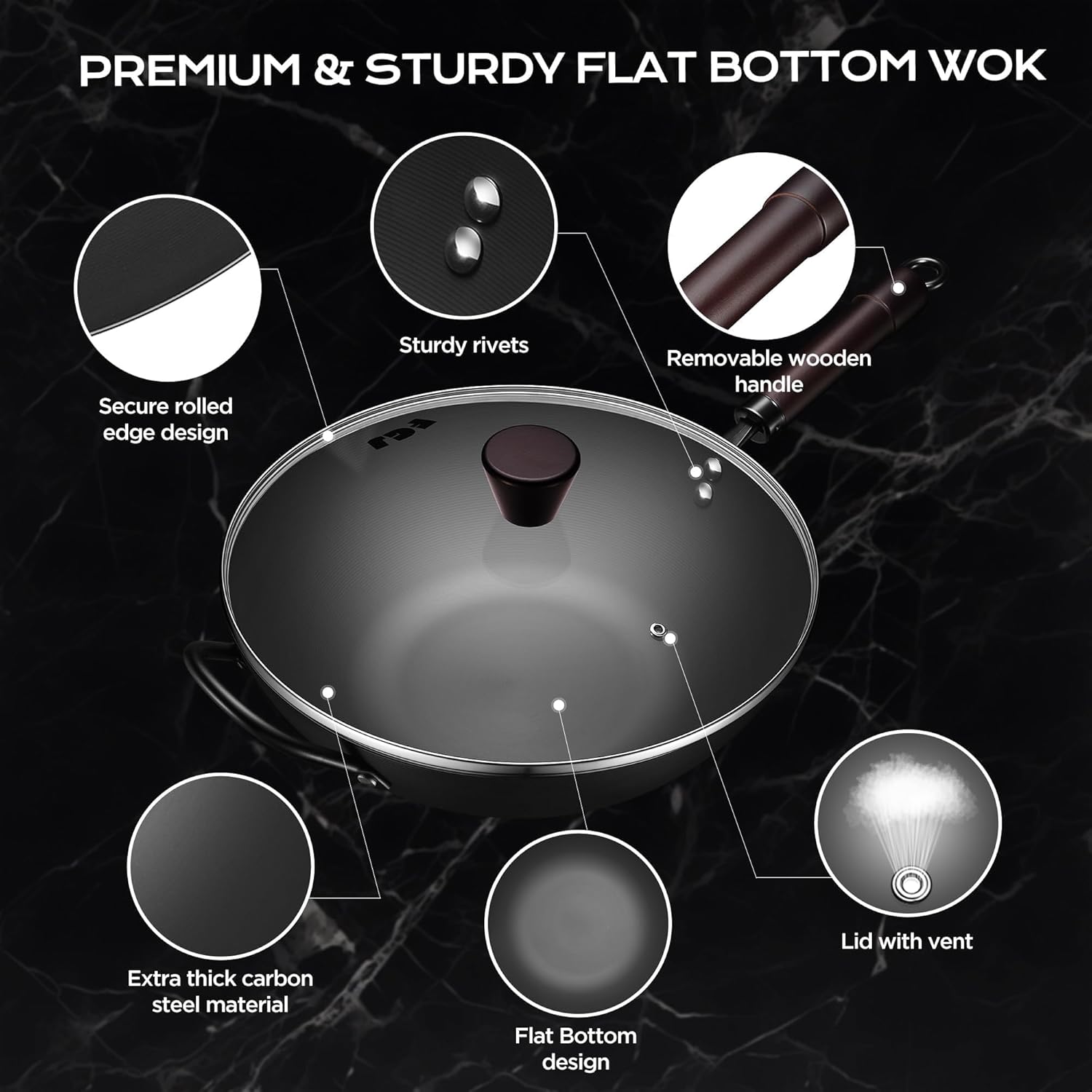 Wok, 13 Inch carbon steel woks & stir-fry pans nonstick, Pre-Seasoned 
