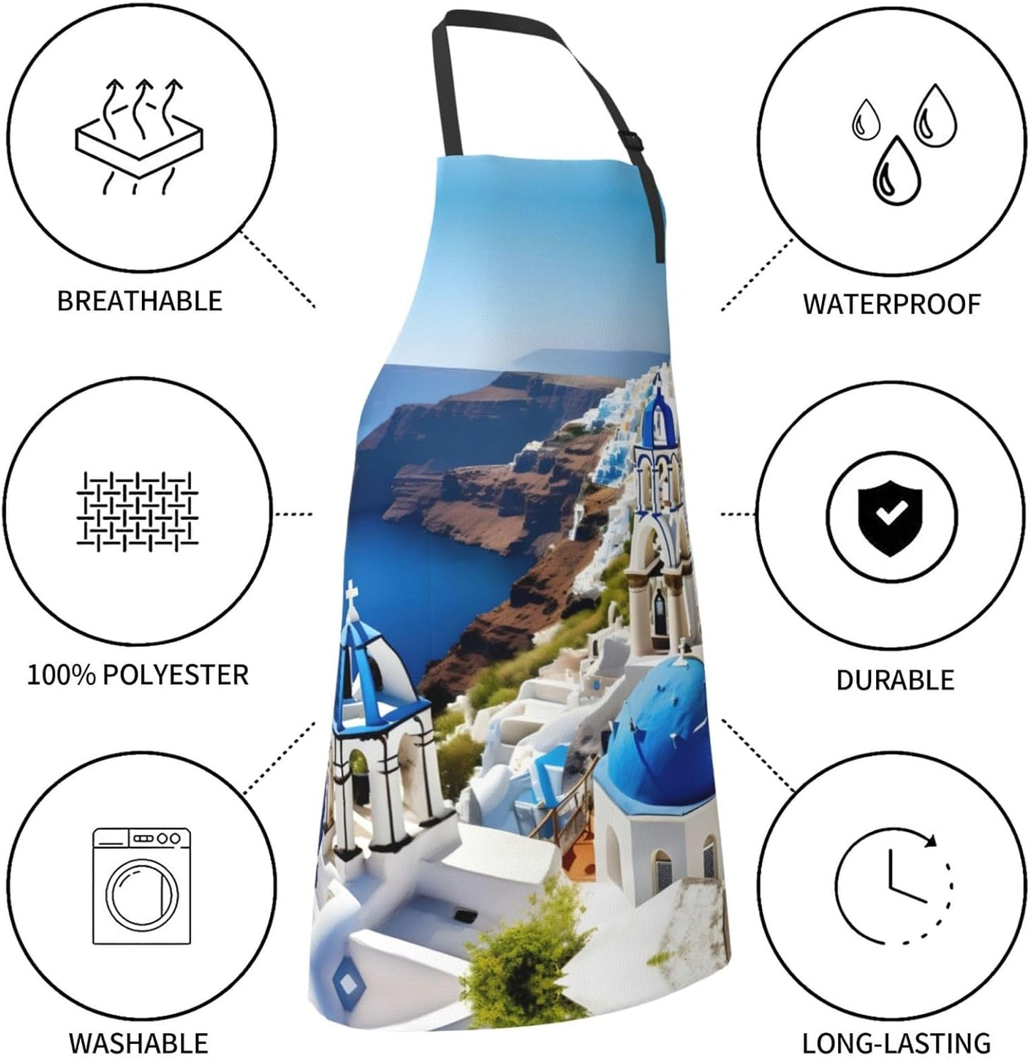 Greek Island sea View print Waterproof apron with pocket adjustable cooking apron for adult kitchen bibs to bake